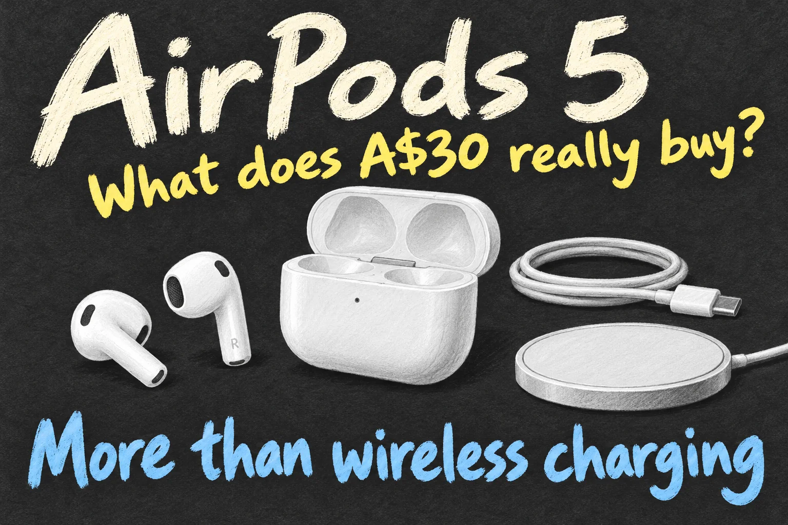 AI-generated AirPods 5 concept illustration asking what the A$30 wireless-case model premium buys beyond wireless charging.