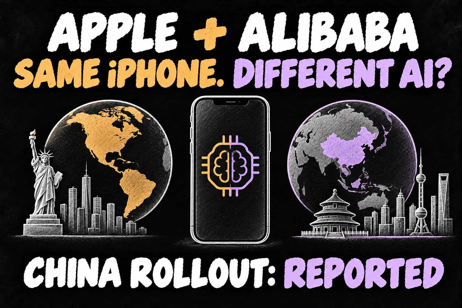 Apple Alibaba AI concept showing an iPhone and different regional AI experiences, with the China rollout labelled as reported.