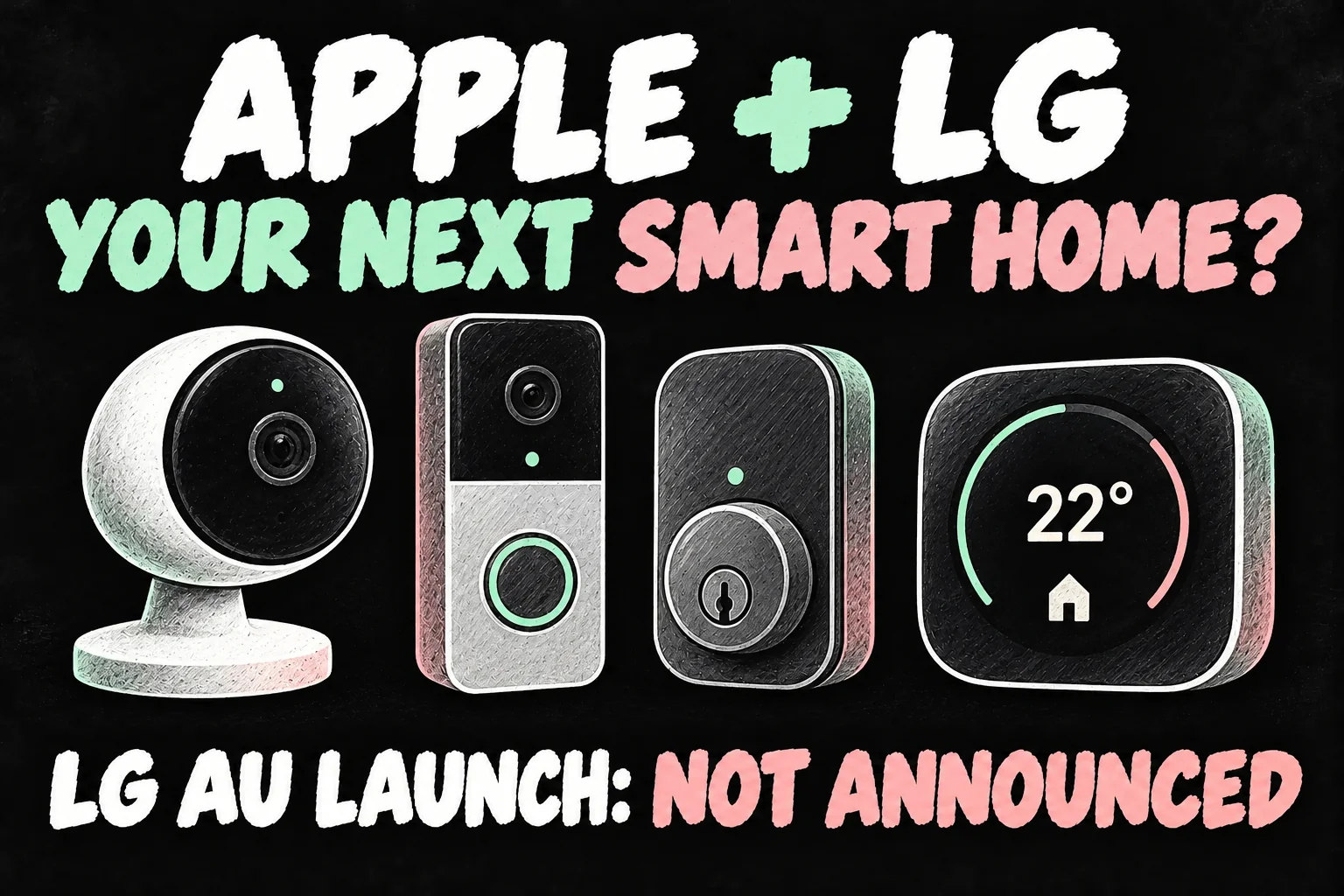Apple Home Collection concept with LG camera, doorbell, lock and thermostat illustrations and Australian launch not announced.