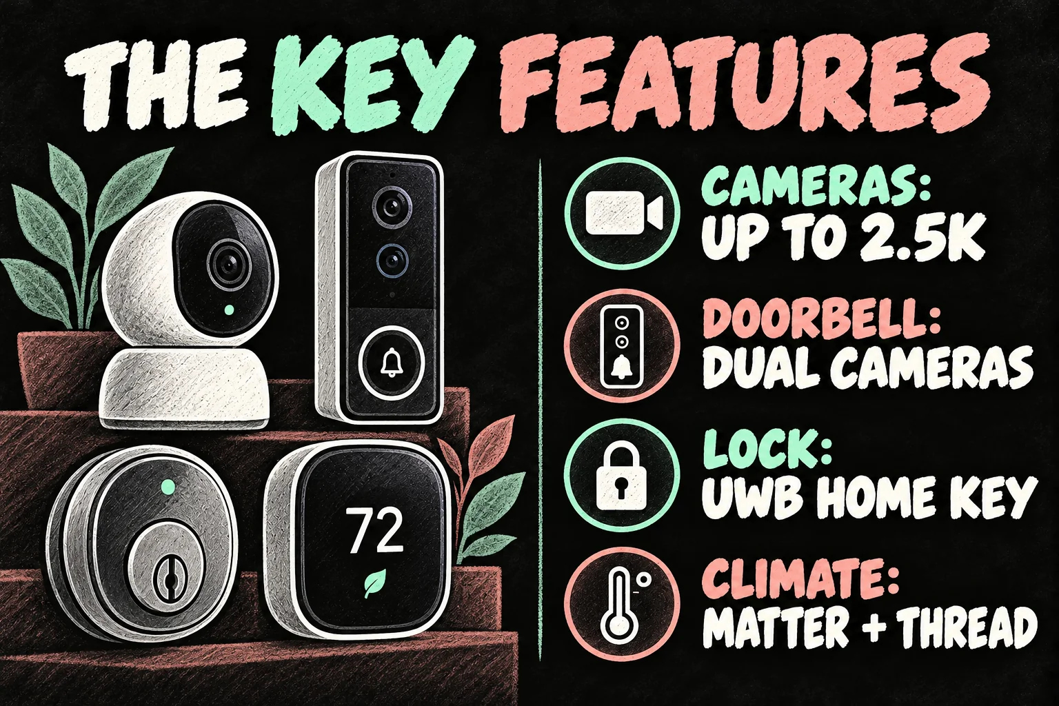 Apple LG smart home feature diagram comparing up to 2.5K cameras, dual-camera doorbell, UWB home key and Matter climate controls.