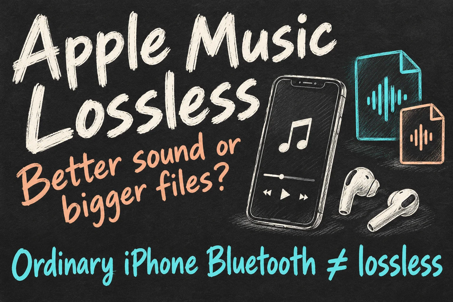 AI-generated sketch explaining that a lossless source does not make ordinary iPhone Bluetooth playback to AirPods lossless.