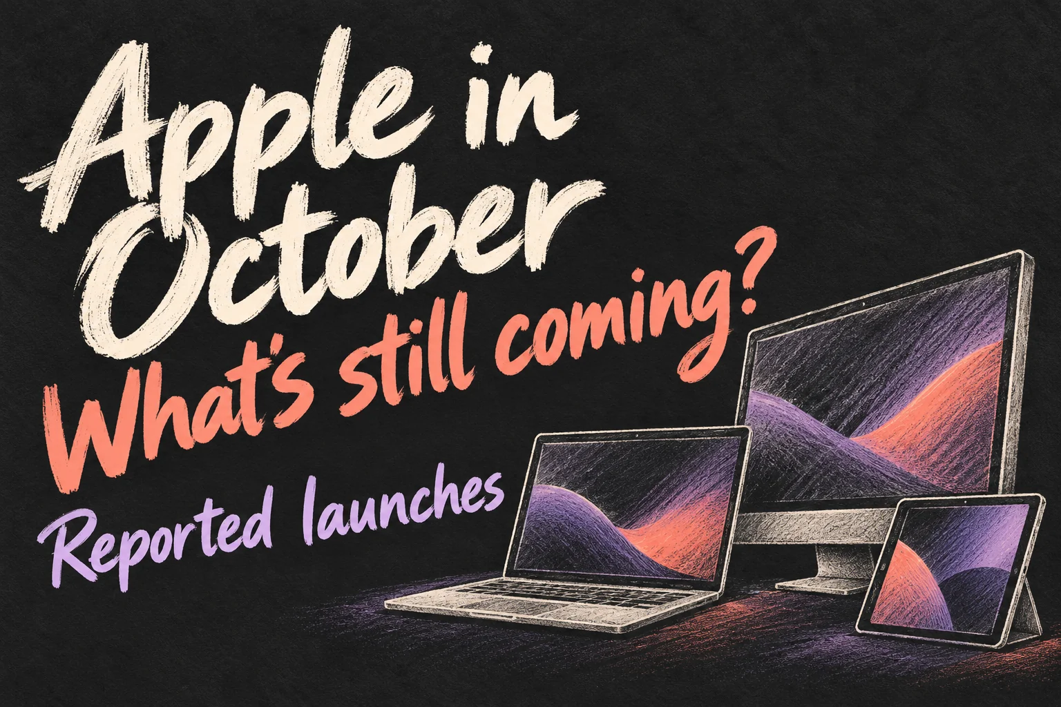 Apple October 2026 event preview with generic laptop, desktop and tablet sketches