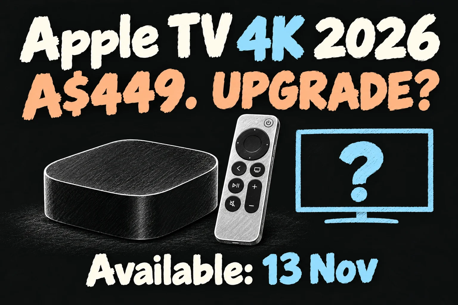 Apple TV 4K 2026 vs 2022 buying question, with an illustrated streaming box and A$449 Australian price