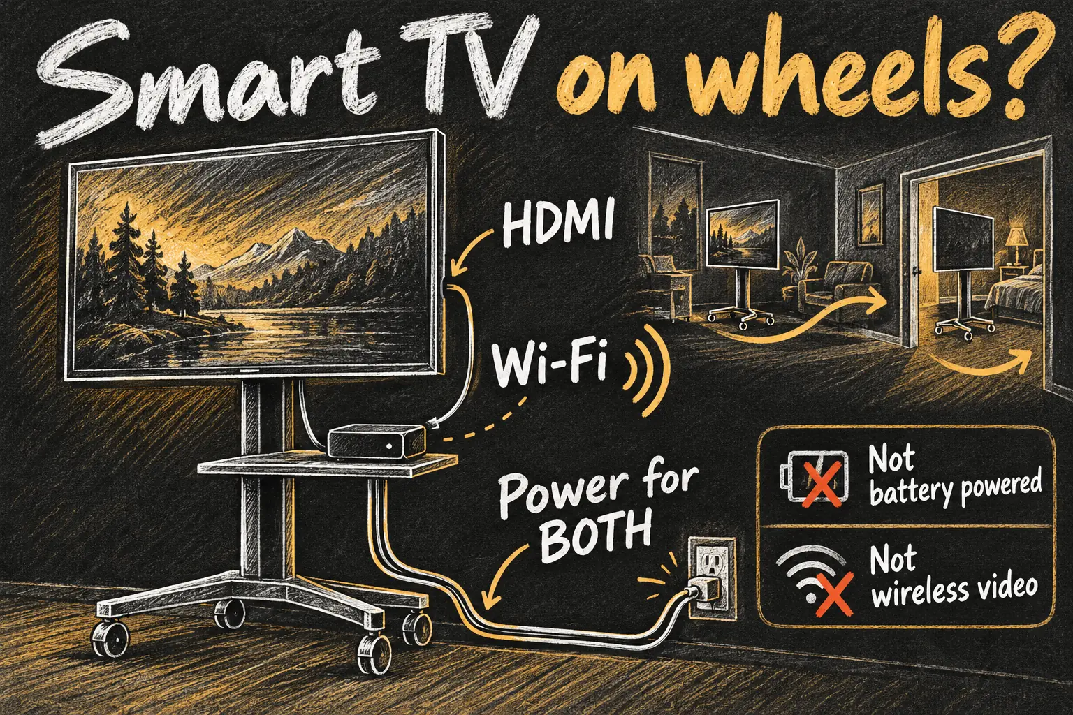 Apple TV on an old TV mounted on a rolling stand, with HDMI, Wi-Fi and power for both devices