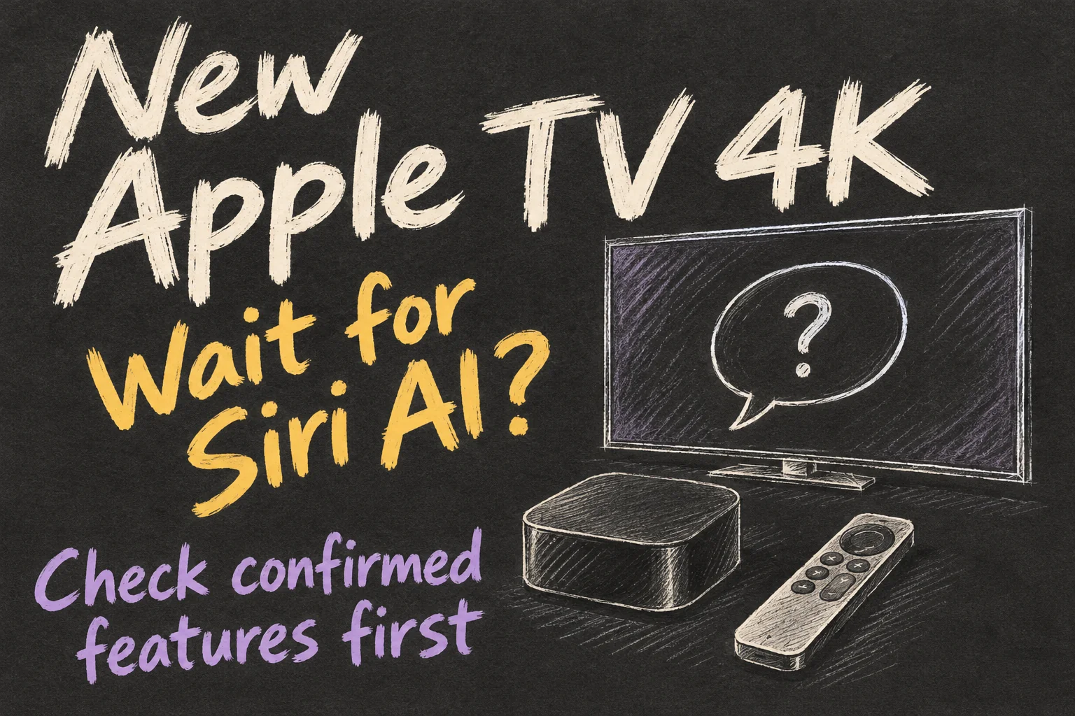 AI-generated rough sketch asking whether to wait for Siri AI on a new Apple TV 4K, with a reminder to check confirmed features.