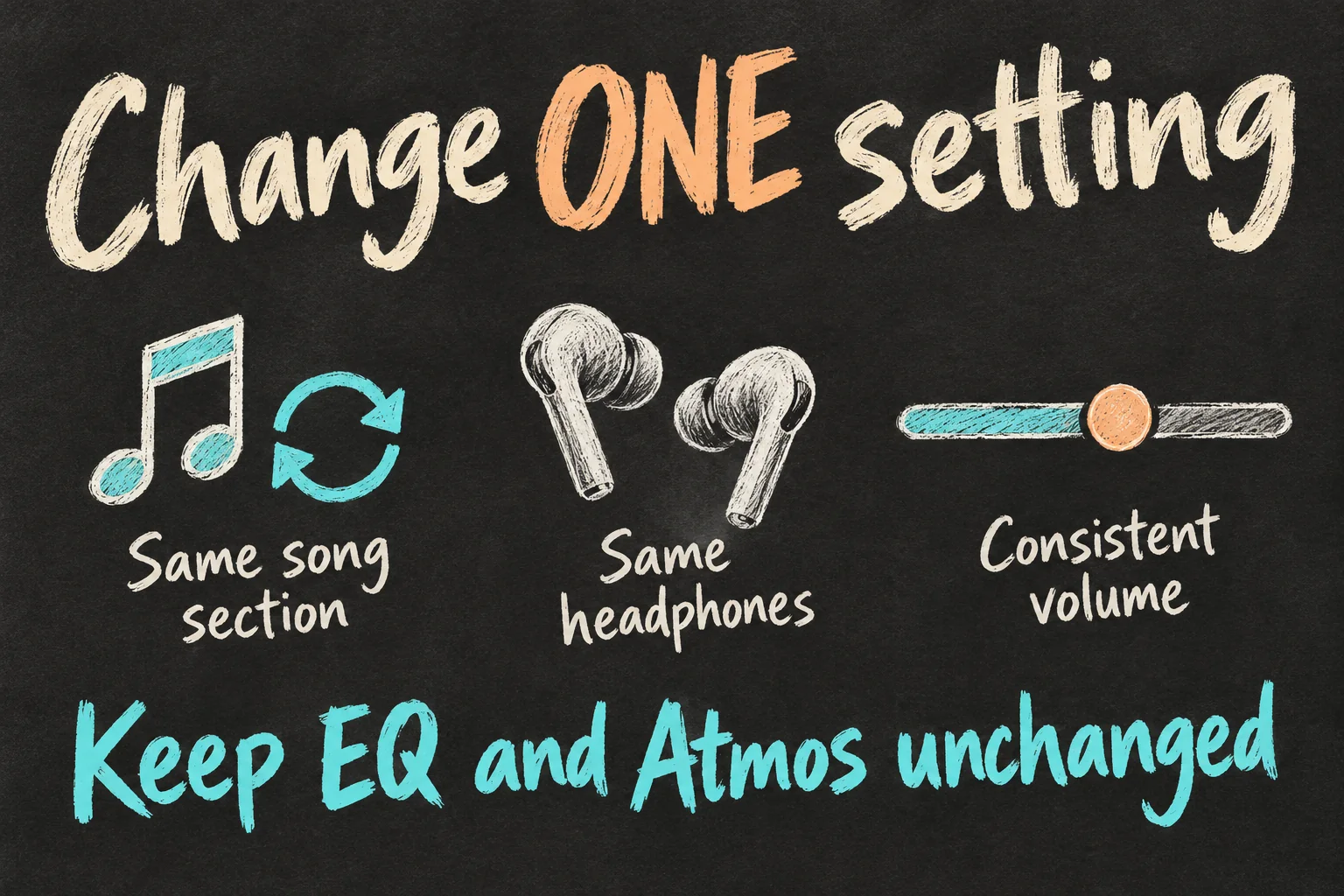 AI-generated listening comparison sketch advising the same song section, headphones and consistent volume while changing one setting and keeping EQ and Atmos unchanged.