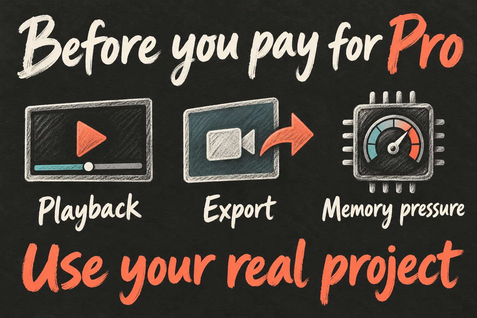 AI-generated checklist of playback, export and memory pressure to examine using a representative project before paying more for a MacBook Pro.
