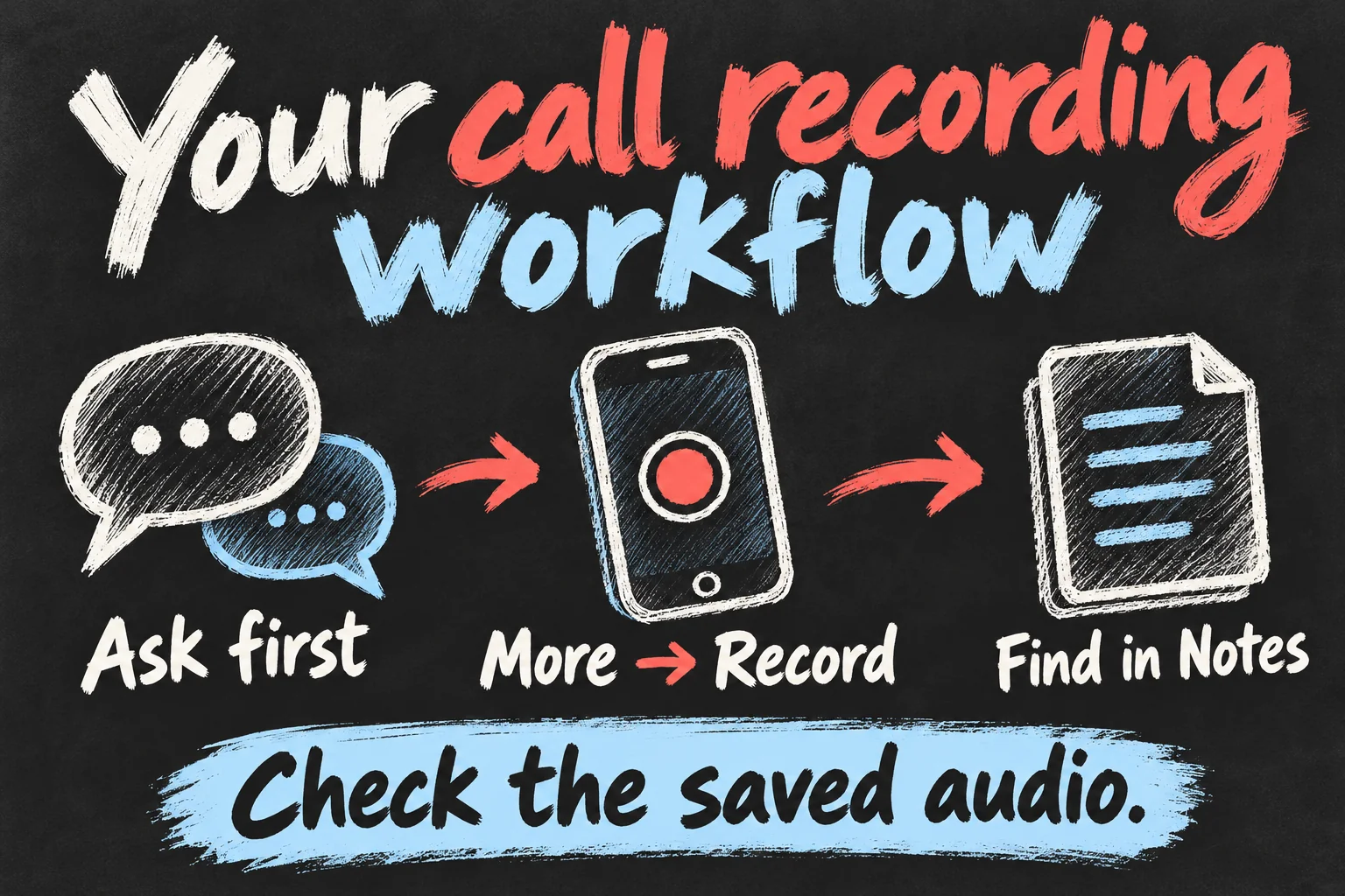 iPhone call recording workflow showing asking permission, opening More to record, and finding the audio in Notes