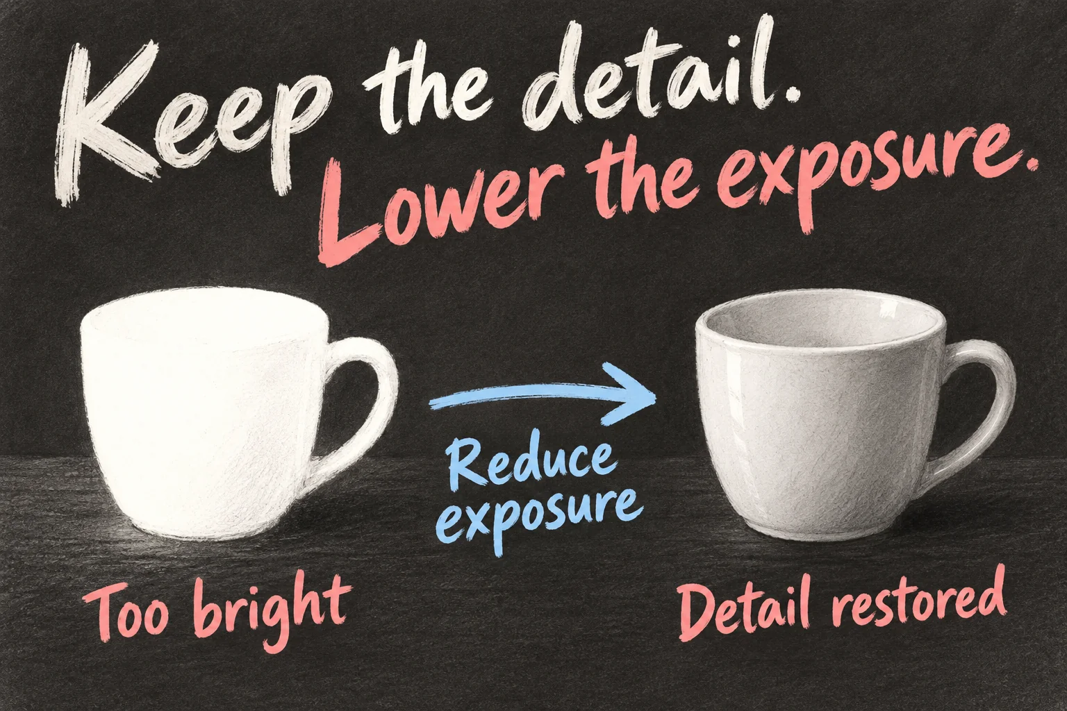 AI-generated conceptual comparison showing washed-out detail in a white coffee cup and clearer highlight detail after reducing exposure.
