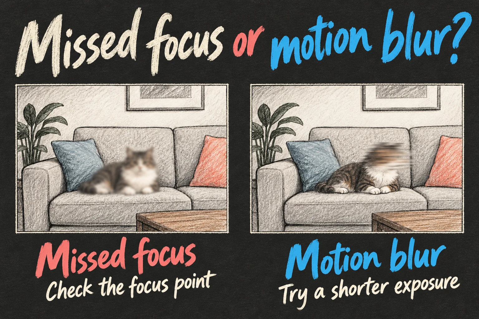AI-generated comparison of a softly focused cat against a sharp sofa with a moving cat showing directional motion blur.