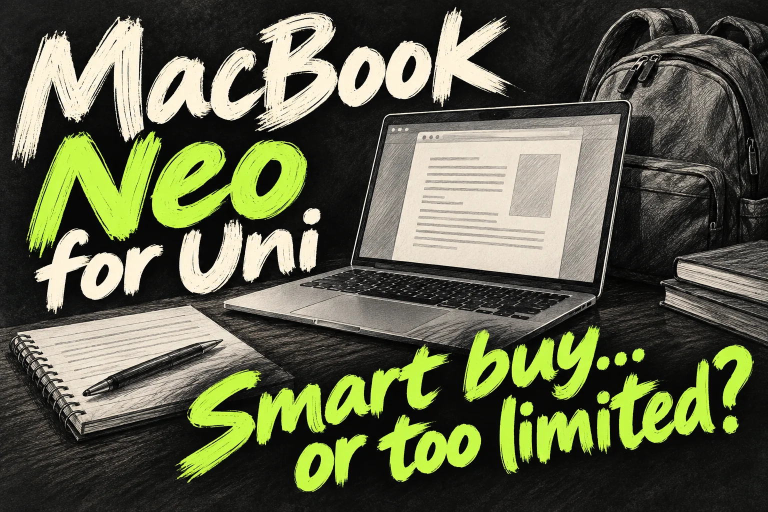 MacBook Neo for university buying guide with a sketched laptop, notebook and backpack