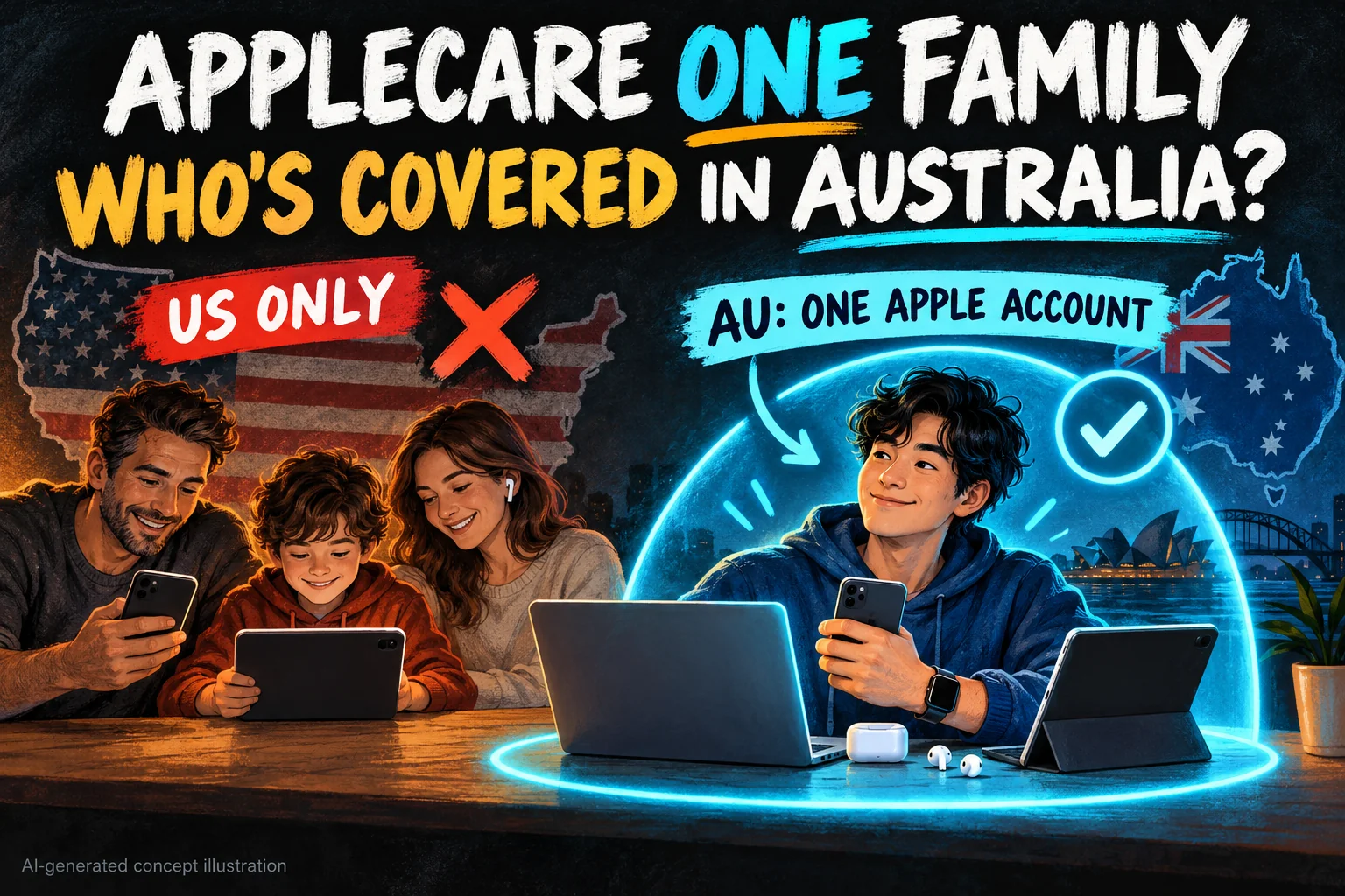 AppleCare One Family coverage explained for Australia, contrasting the US Family Sharing plan with Australia’s one-account Individual plan.