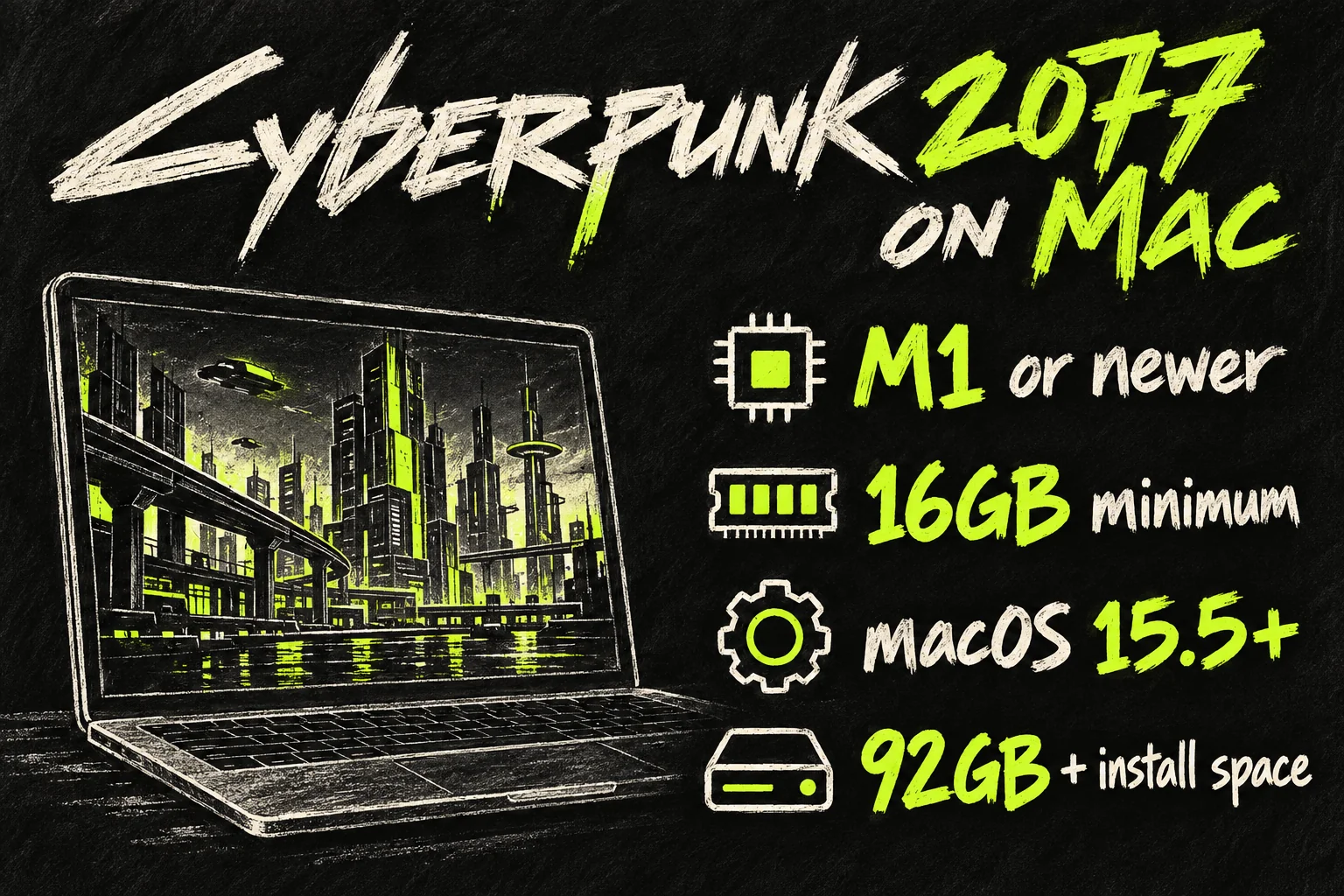 Cyberpunk 2077 Mac requirements including M1, 16GB memory, macOS 15.5 and SSD space