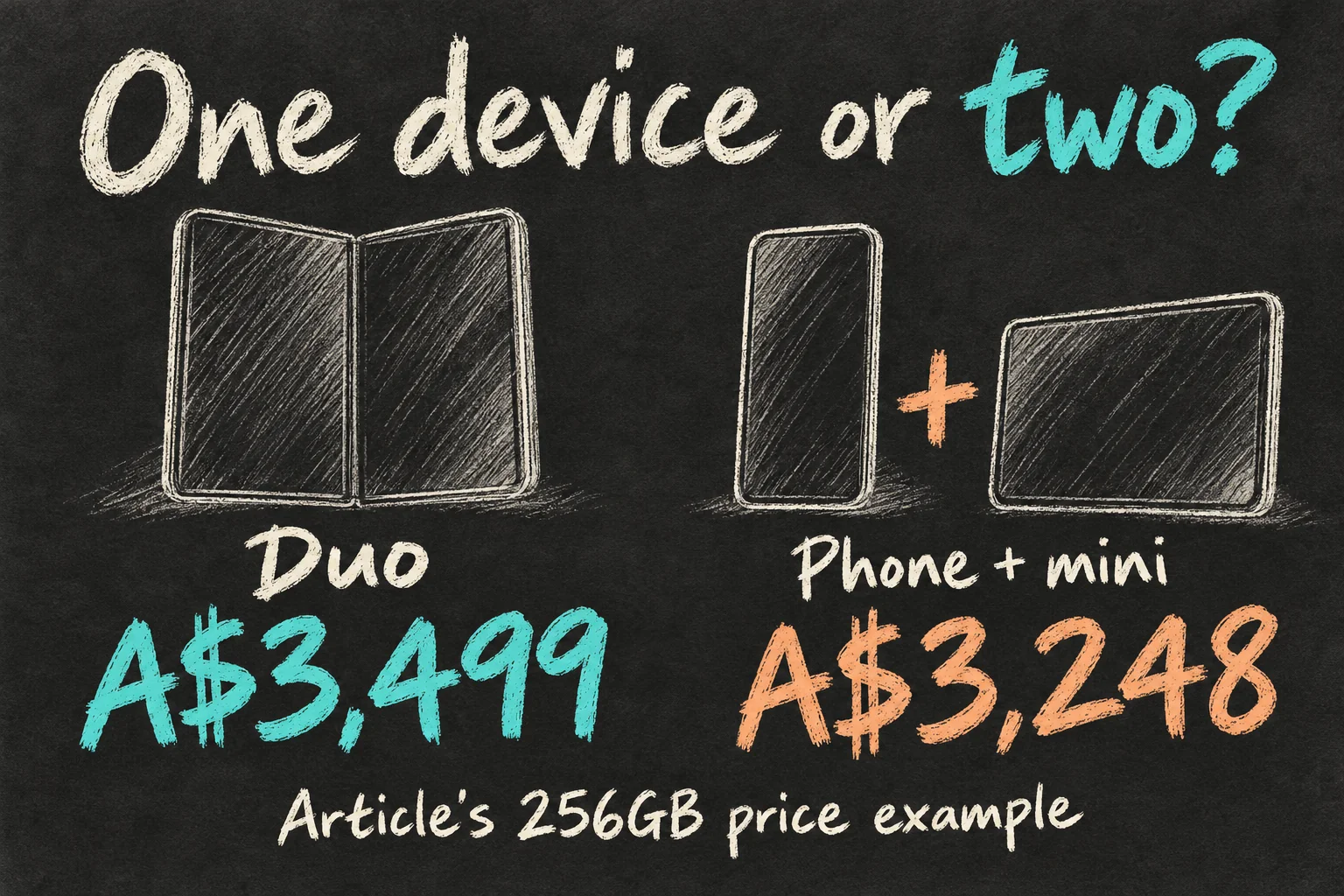 AI-generated sketch comparing the article’s dated 256GB shopping example: iPhone Duo at A$3,499 versus a separate iPhone 18 Pro and Wi-Fi mini at A$3,248 combined.