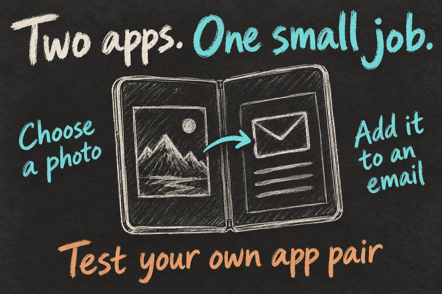 AI-generated rough sketch illustrating a two-app task of choosing a photo and adding it to an email on a generic folding device.