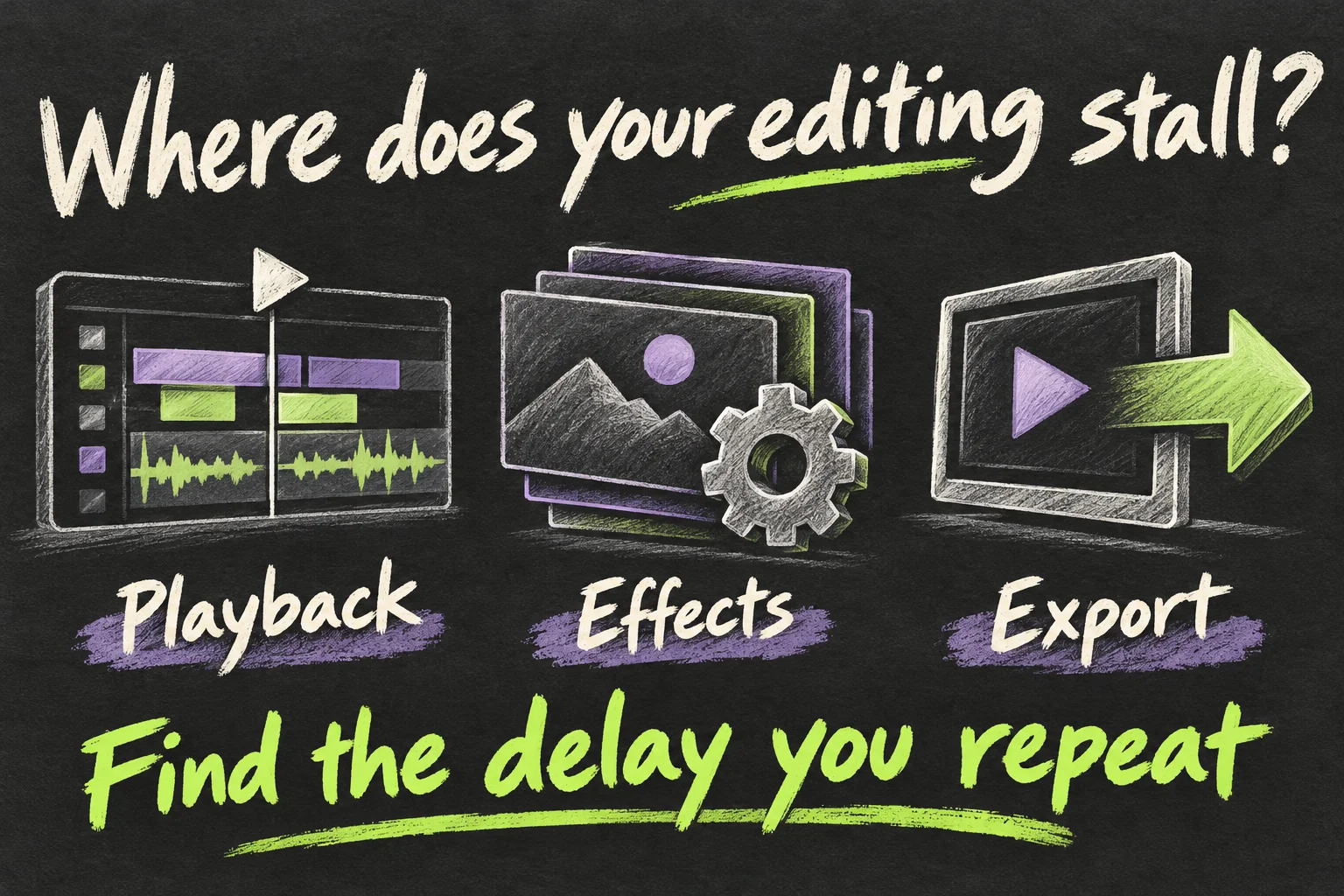 AI-generated editing workflow illustration identifying recurring delays in playback, effects processing and final export.