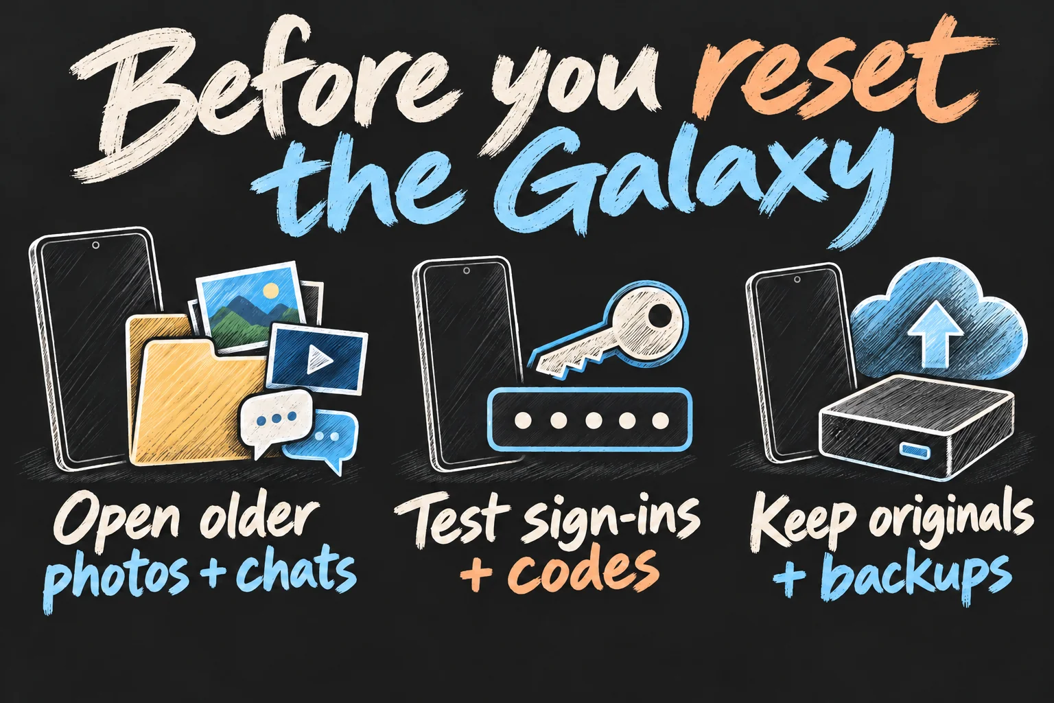 AI-generated checklist to complete before resetting a Galaxy: open older photos and chats, test sign-ins and verification codes, and keep originals and backups.