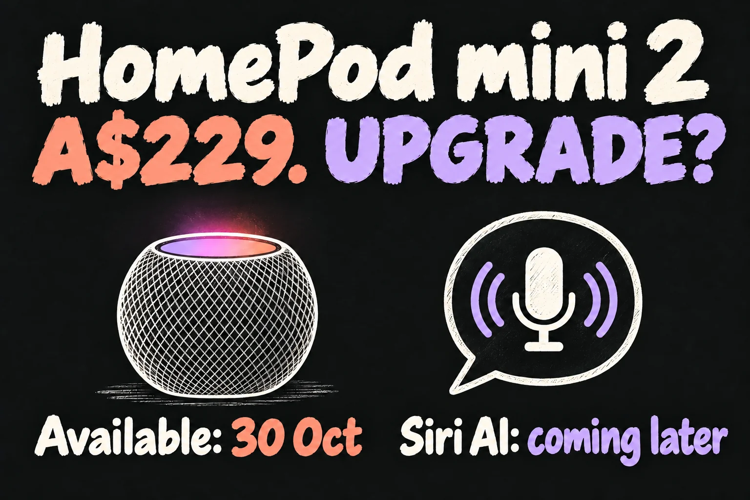 AI-generated HomePod mini 2 Australia concept showing A$229, 30 October 2026 availability and Siri AI coming later.