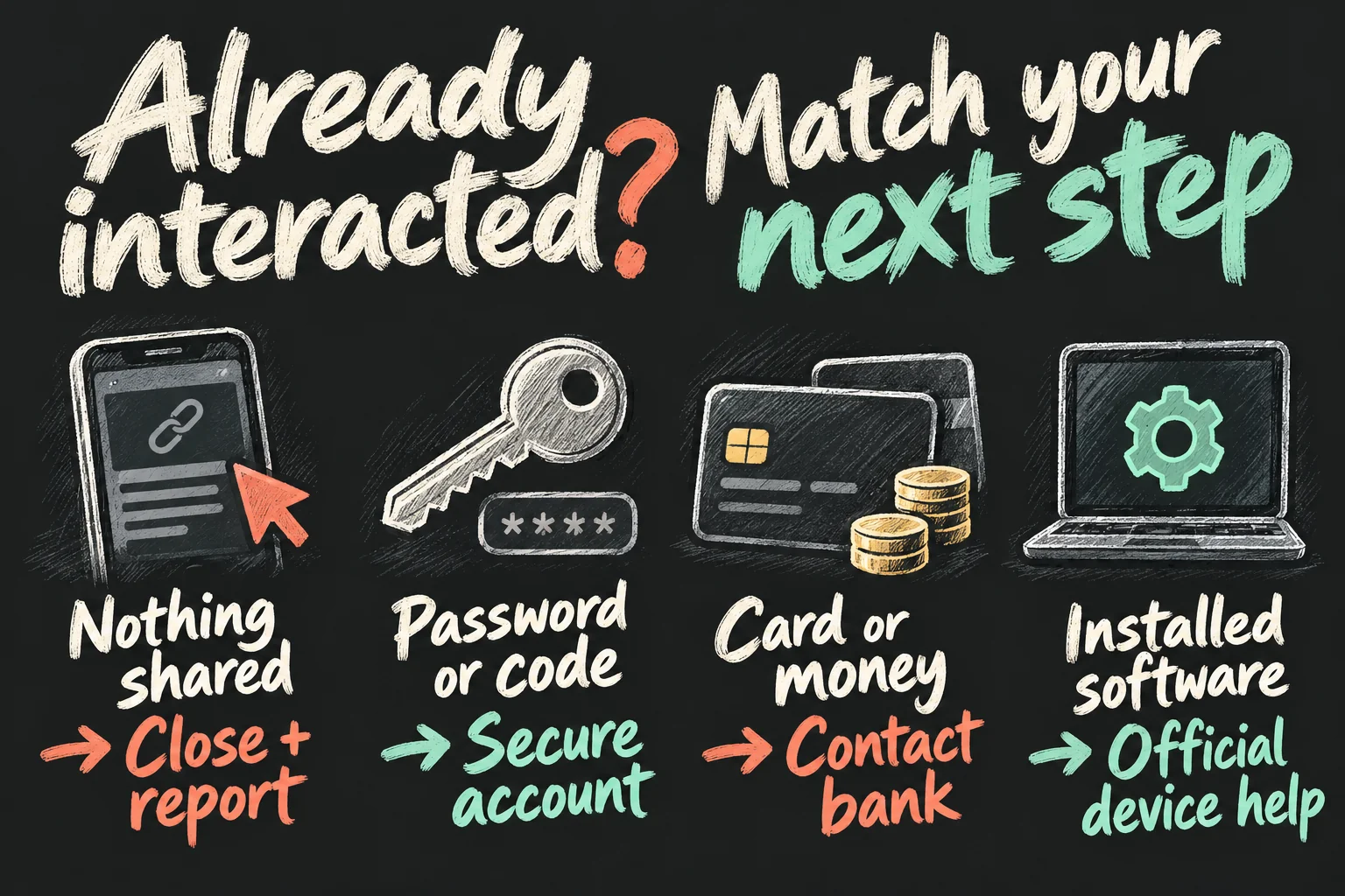 AI-generated phishing response diagram separating no information shared, password or code exposure, card or money exposure, and installed software.