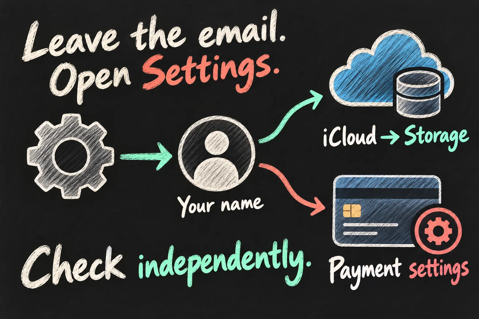AI-generated independent verification diagram showing Settings and your name, branching to iCloud storage and separate payment settings.