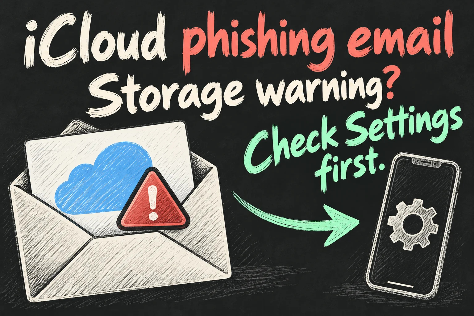 AI-generated pencil sketch of an iCloud warning envelope and a separate settings route, prompting readers to check Settings before following an email.
