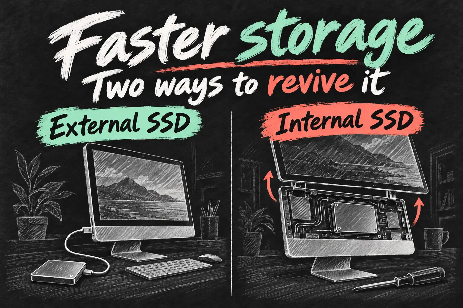 iMac SSD upgrade options comparing an external startup drive with internal replacement requiring display removal