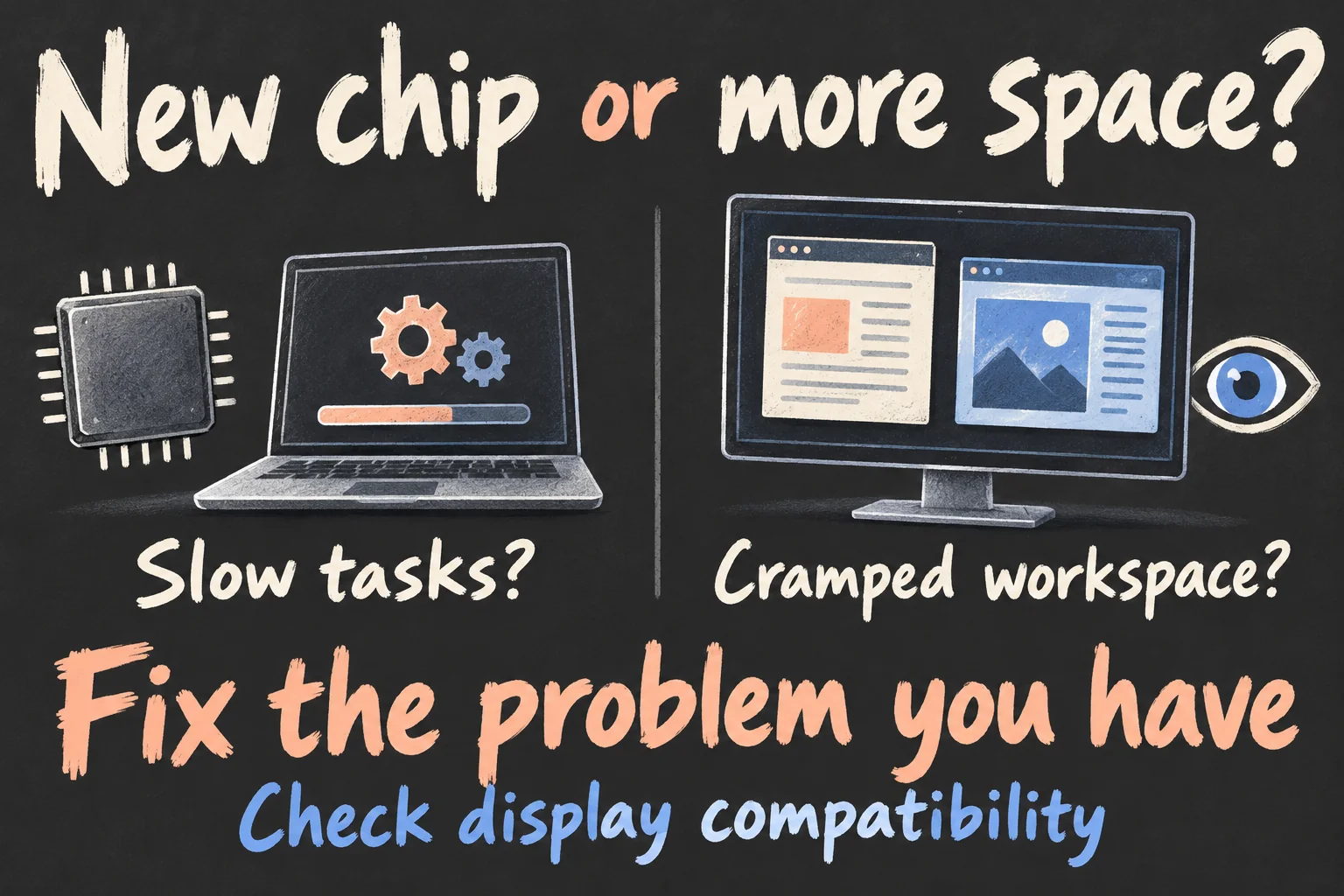 AI-generated iMac upgrade decision illustration separating slow processing tasks from cramped display workspace and reminding readers to check monitor compatibility.