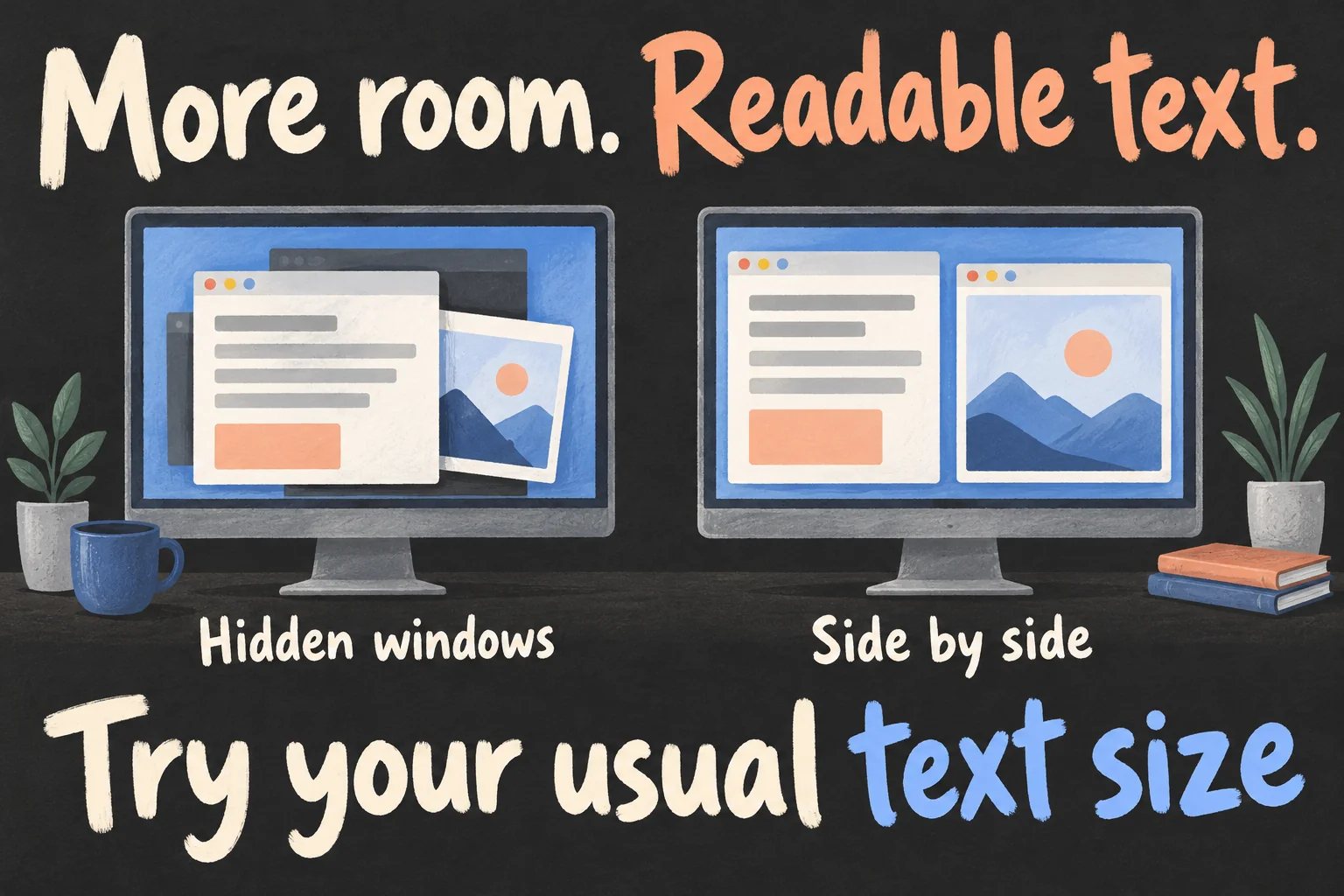 AI-generated workspace illustration comparing overlapping windows with side-by-side documents at a comfortable text size.