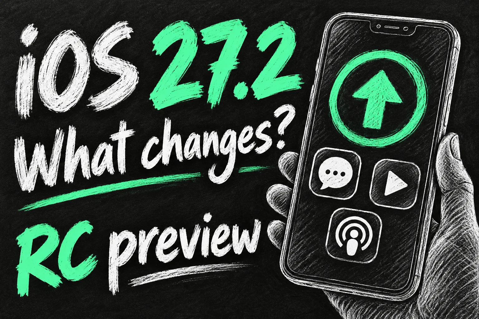 iOS 27.2 features preview illustrated with a phone and messaging, TV and podcast symbols