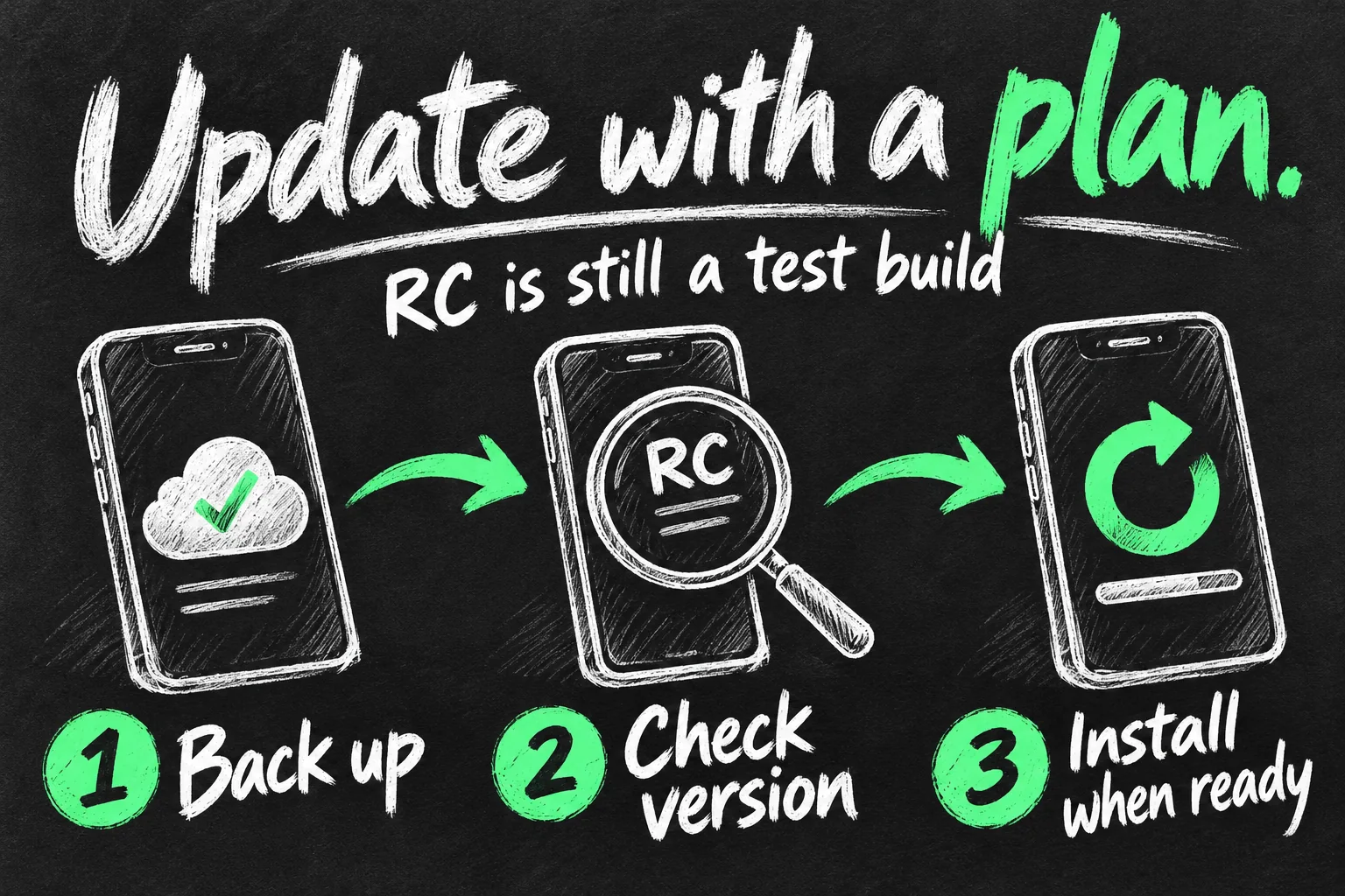 iOS 27.2 update checklist showing backup, version check and installation planning