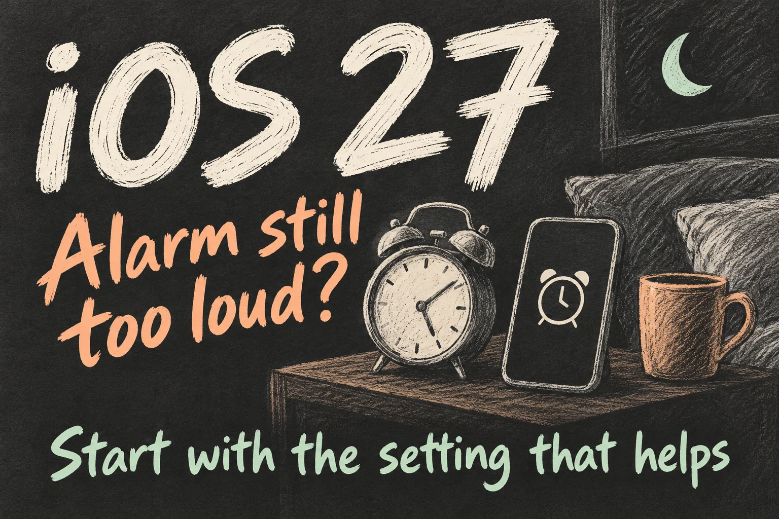 AI-generated rough sketch introducing iOS 27 settings through the everyday problem of an alarm that feels too loud.