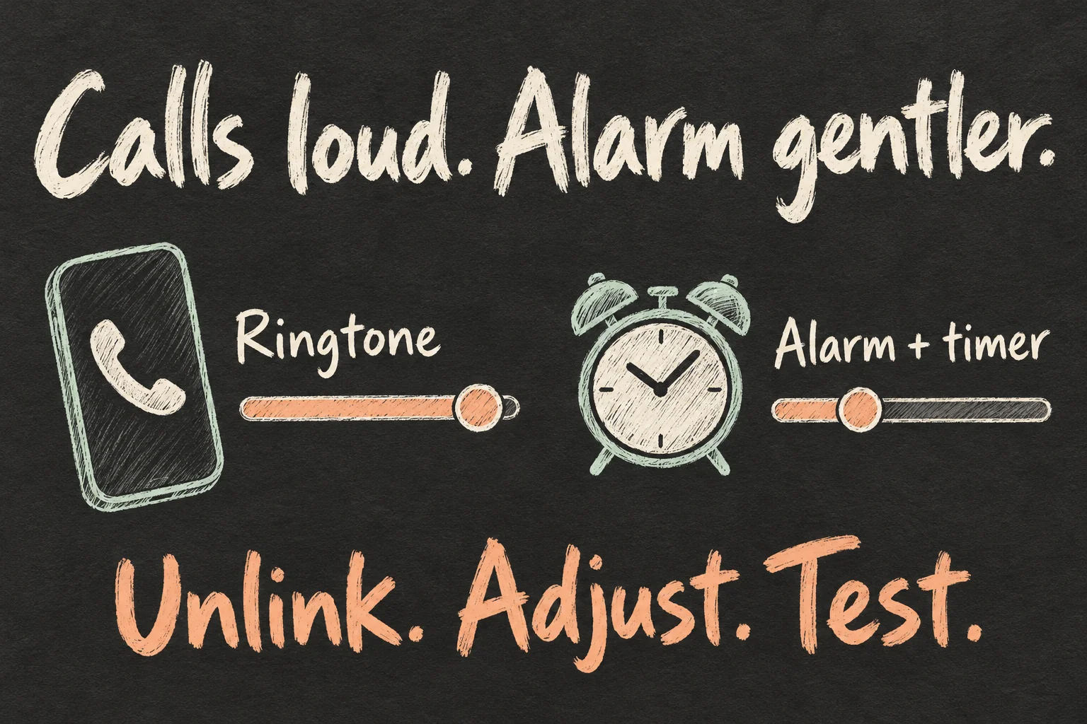 AI-generated conceptual diagram of ringtone and ordinary alarm or timer volume set independently, with a reminder to unlink, adjust and test.