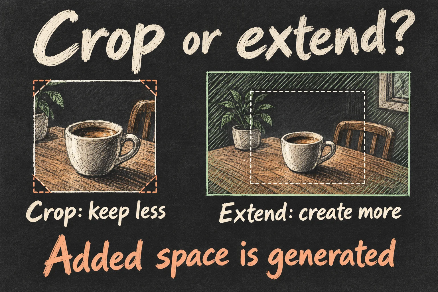 AI-generated coffee-photo sketch explaining that cropping keeps less of an image while extension generates surrounding space.