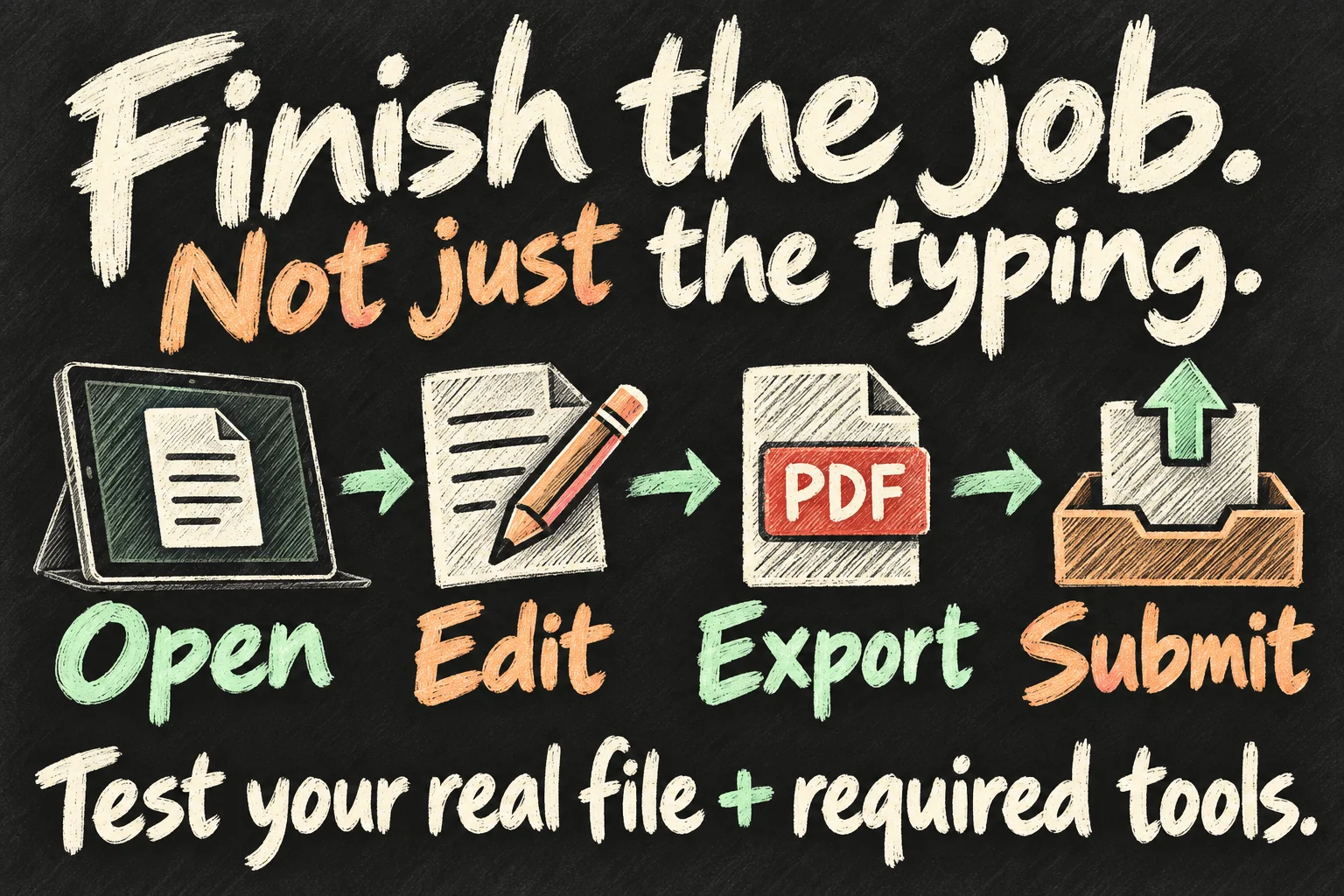 AI-generated complete-task workflow showing Open, Edit, Export and Submit, using a real file and the required tools.