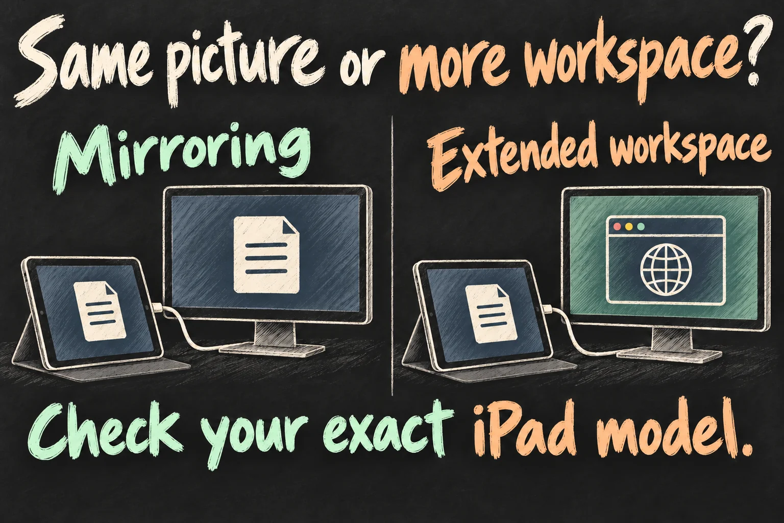 AI-generated diagram contrasting mirrored tablet and monitor content with different app windows in an extended workspace, with a reminder to check the exact iPad model.
