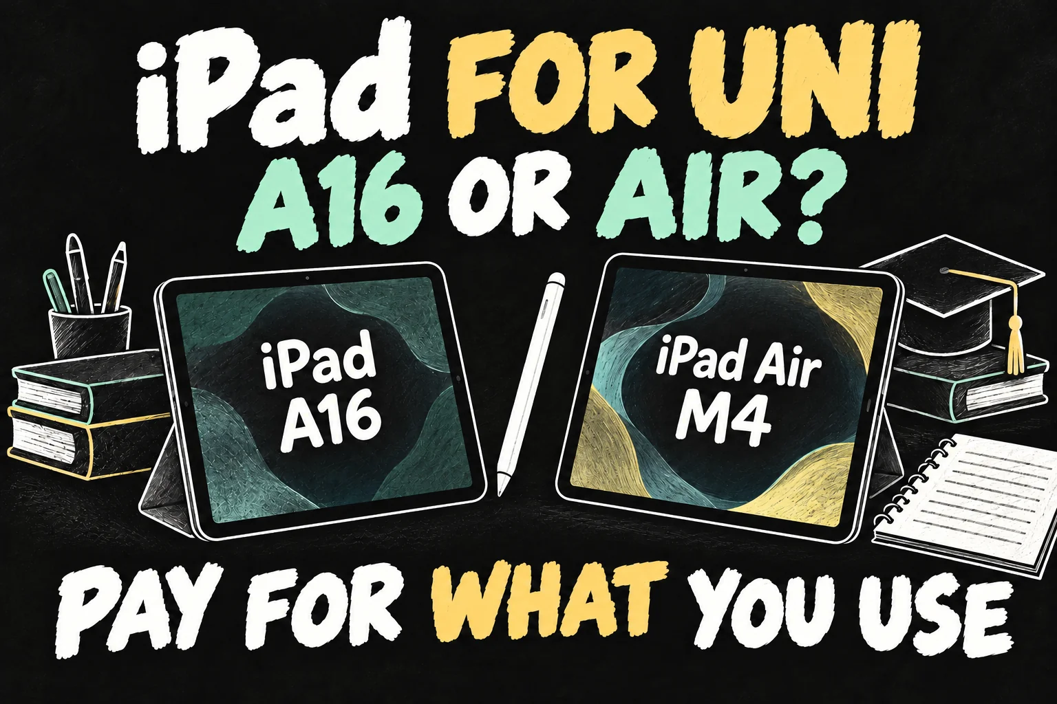iPad for university buying illustration comparing the iPad A16 and iPad Air M4 with a stylus and study materials