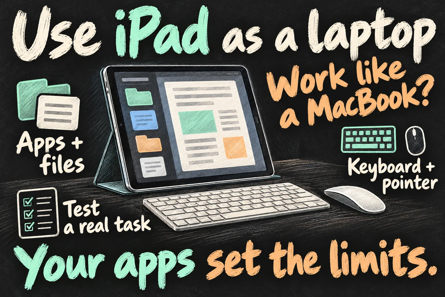 AI-generated pencil sketch of a tablet with a keyboard and pointer, highlighting app and file routines and testing a real task before using iPad as a laptop.