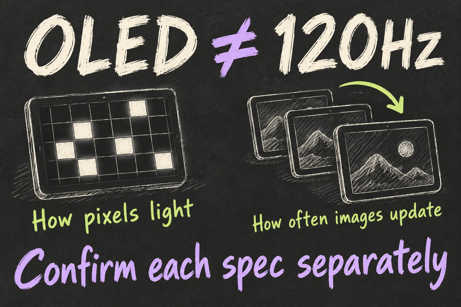 AI-generated sketch diagram distinguishing OLED pixel lighting from display refresh rate, showing that OLED does not automatically mean 120Hz.