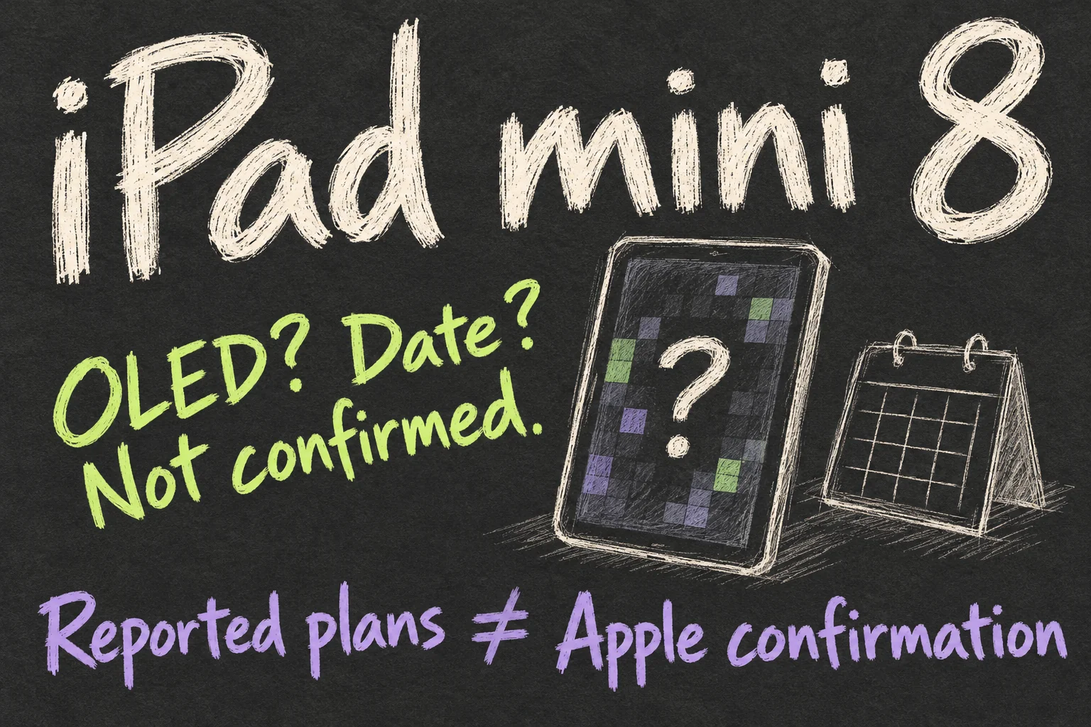 AI-generated rough tablet sketch explaining that the iPad mini 8 release date and OLED expectations remain unconfirmed reported plans.