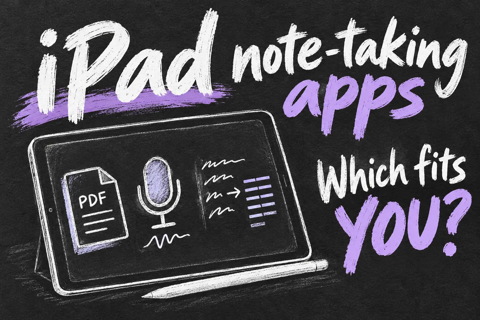 iPad note-taking apps illustrated with a stylus, PDF notes, audio and handwriting-to-text symbols