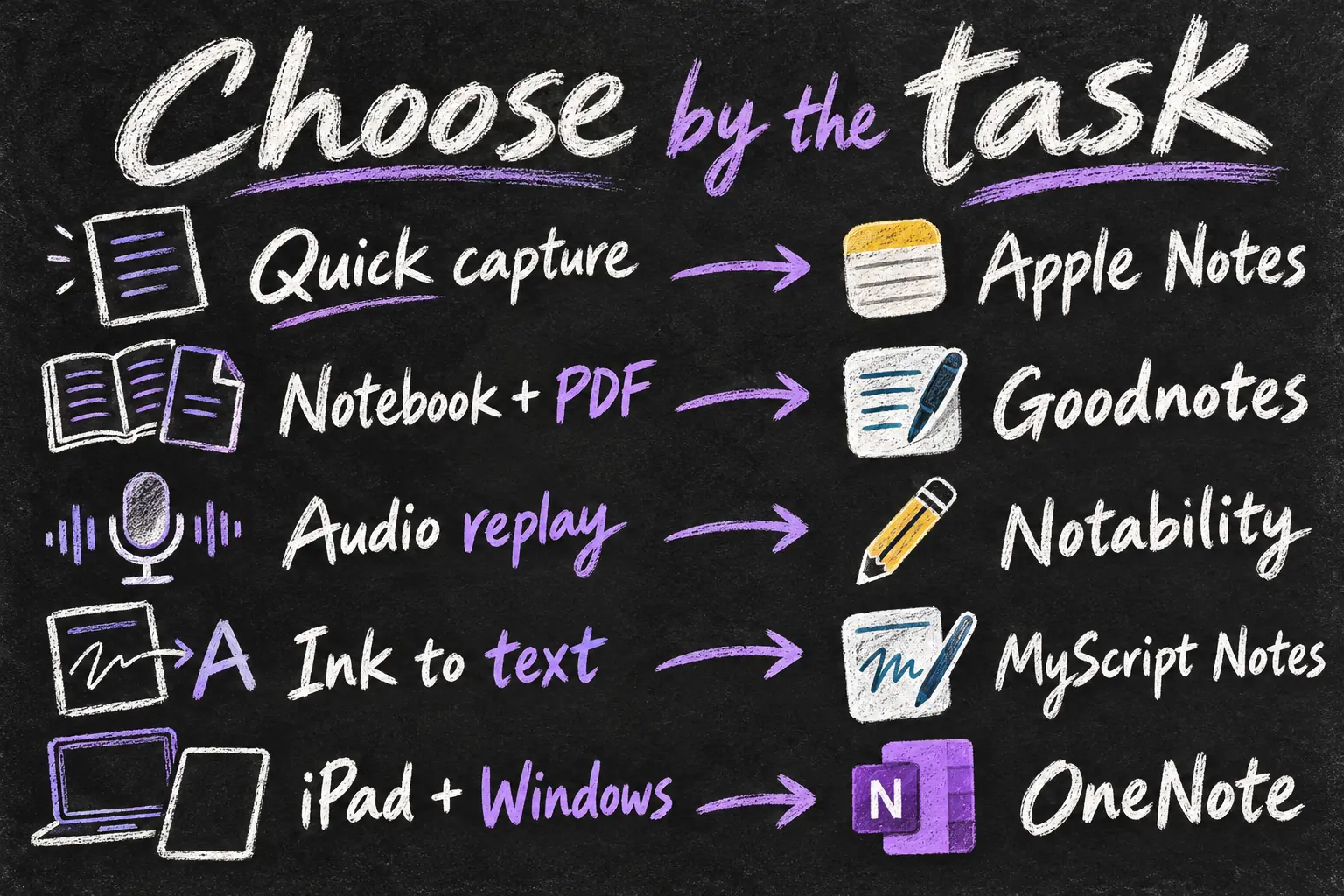 iPad handwriting apps matched to quick capture, PDF notebooks, audio replay, text conversion and Windows use