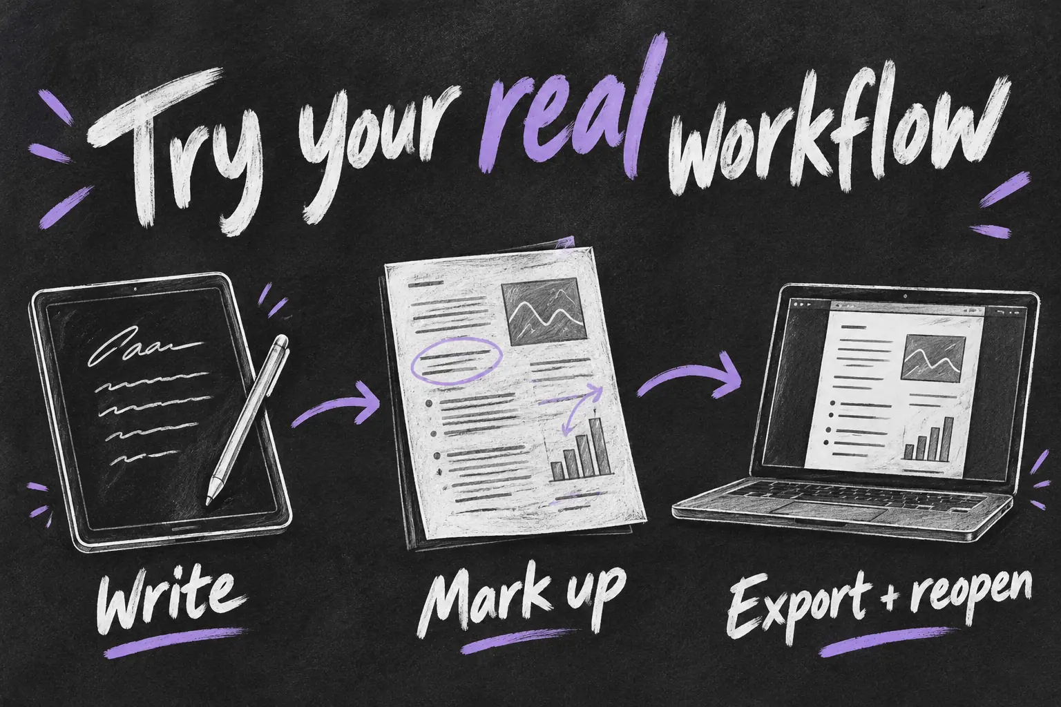 iPad note-taking apps trial workflow showing writing, PDF markup and exporting to reopen on a computer
