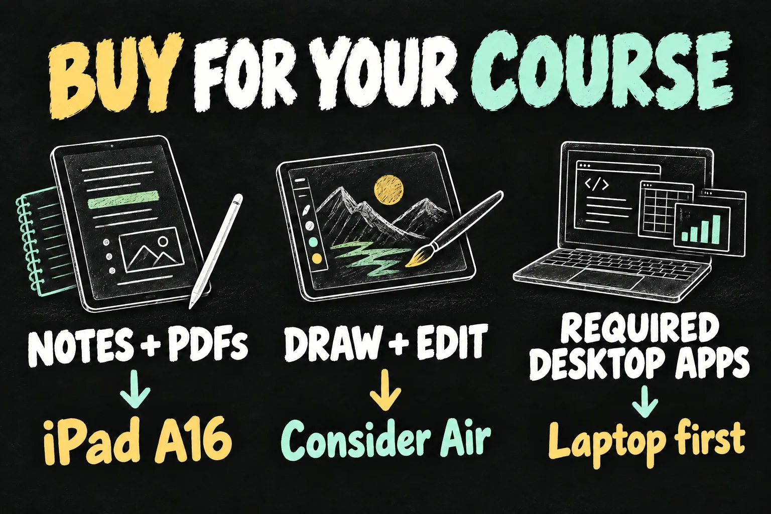 iPad for university decision diagram recommending A16 for notes and PDFs, considering Air for drawing and editing, and a laptop first for required desktop apps