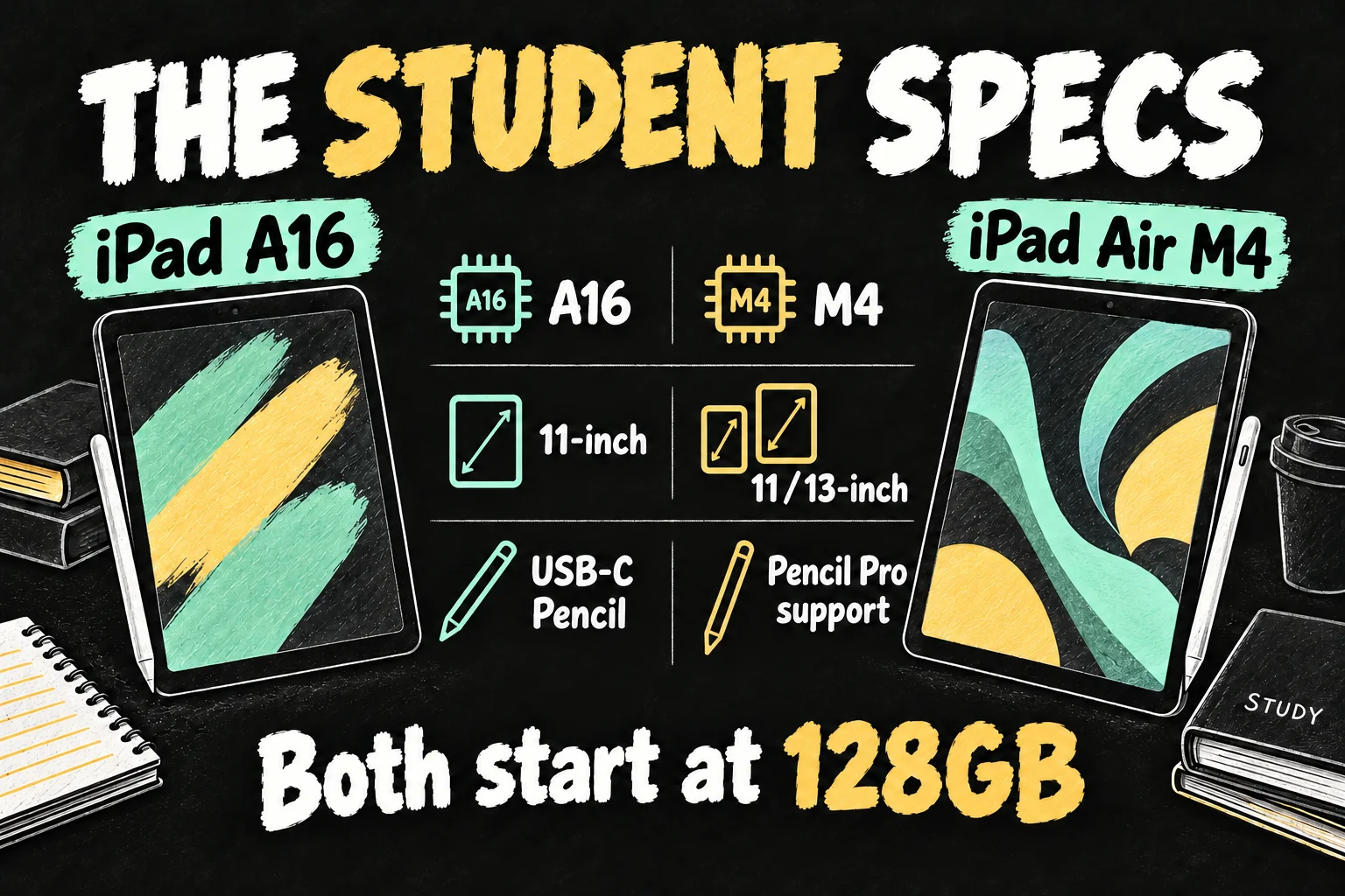 iPad A16 vs Air M4 specification illustration comparing chips, screen sizes, Pencil support and 128GB starting storage