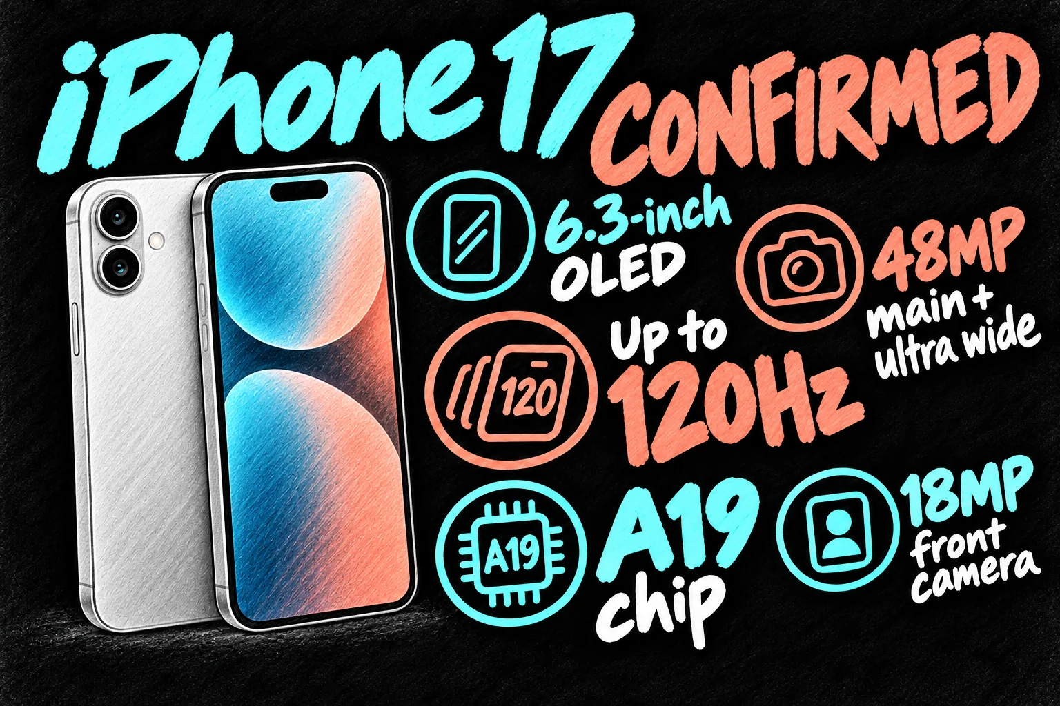 Confirmed iPhone 17 specs illustration showing a 6.3-inch OLED display, up to 120Hz, A19, dual 48MP rear cameras and an 18MP front camera.