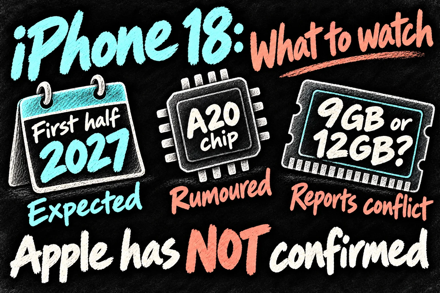 iPhone 18 specs outlook showing an expected first-half 2027 release, a rumoured A20 chip and conflicting 9GB versus 12GB RAM reports.