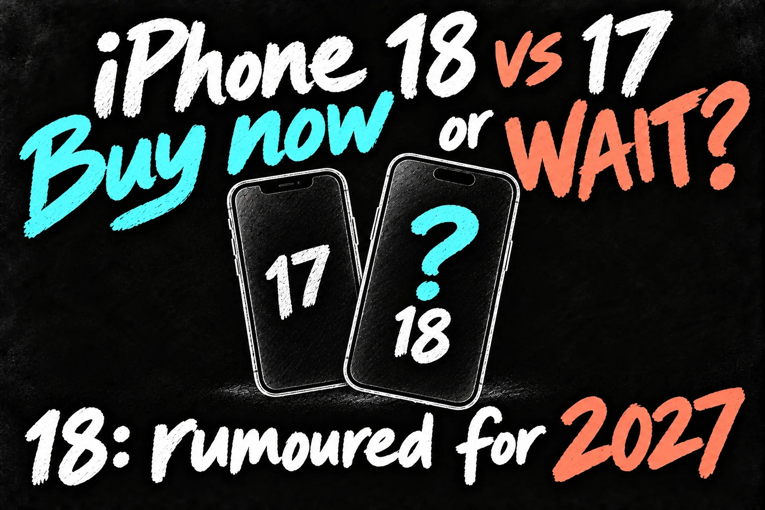 iPhone 18 vs iPhone 17 buying decision illustration with the standard iPhone 18 clearly labelled as rumoured for 2027.