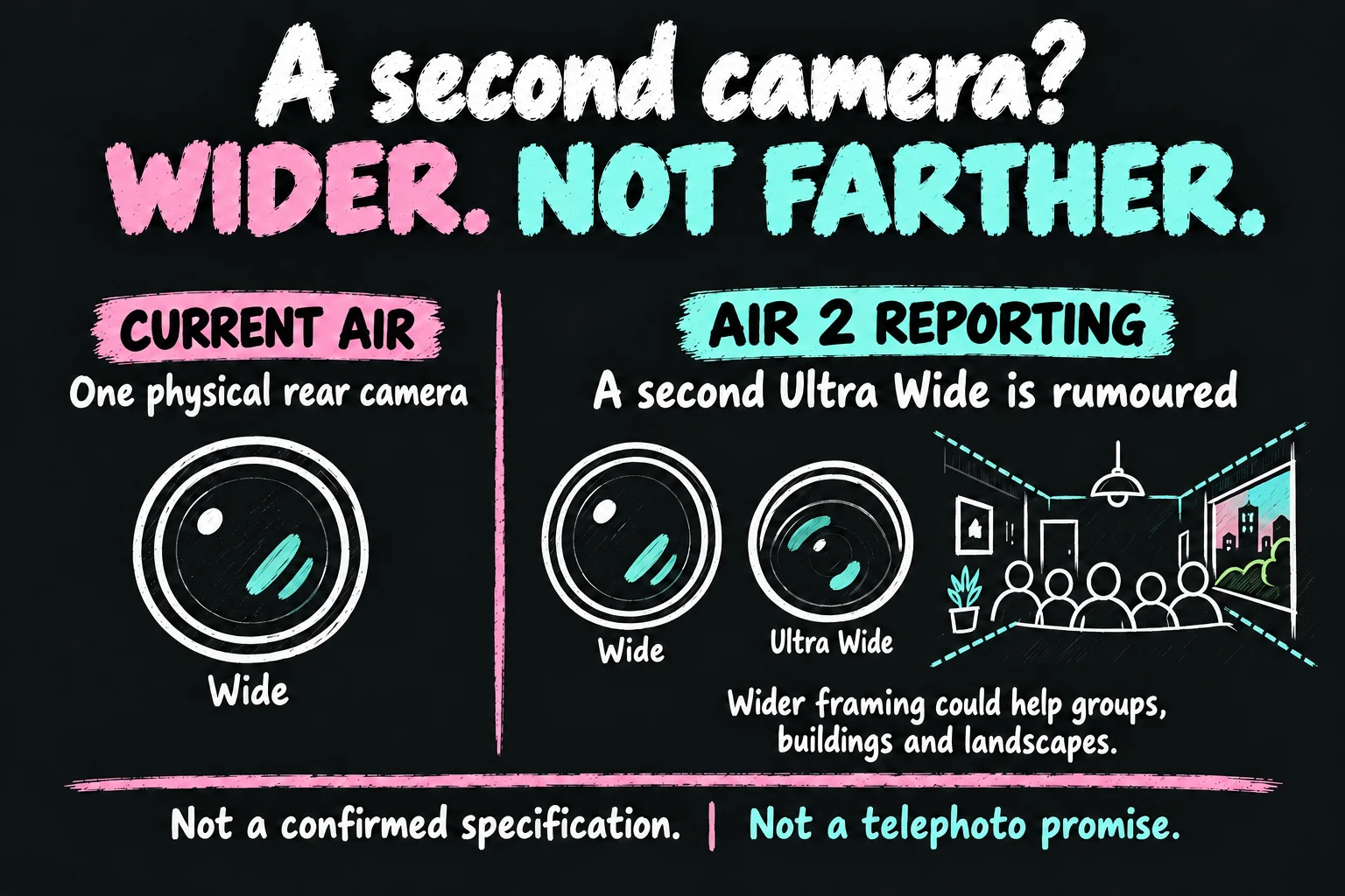 AI-generated iPhone Air 2 camera concept: the current Air has one physical rear camera, while a second Ultra Wide is rumoured for wider framing, not a confirmed telephoto upgrade.
