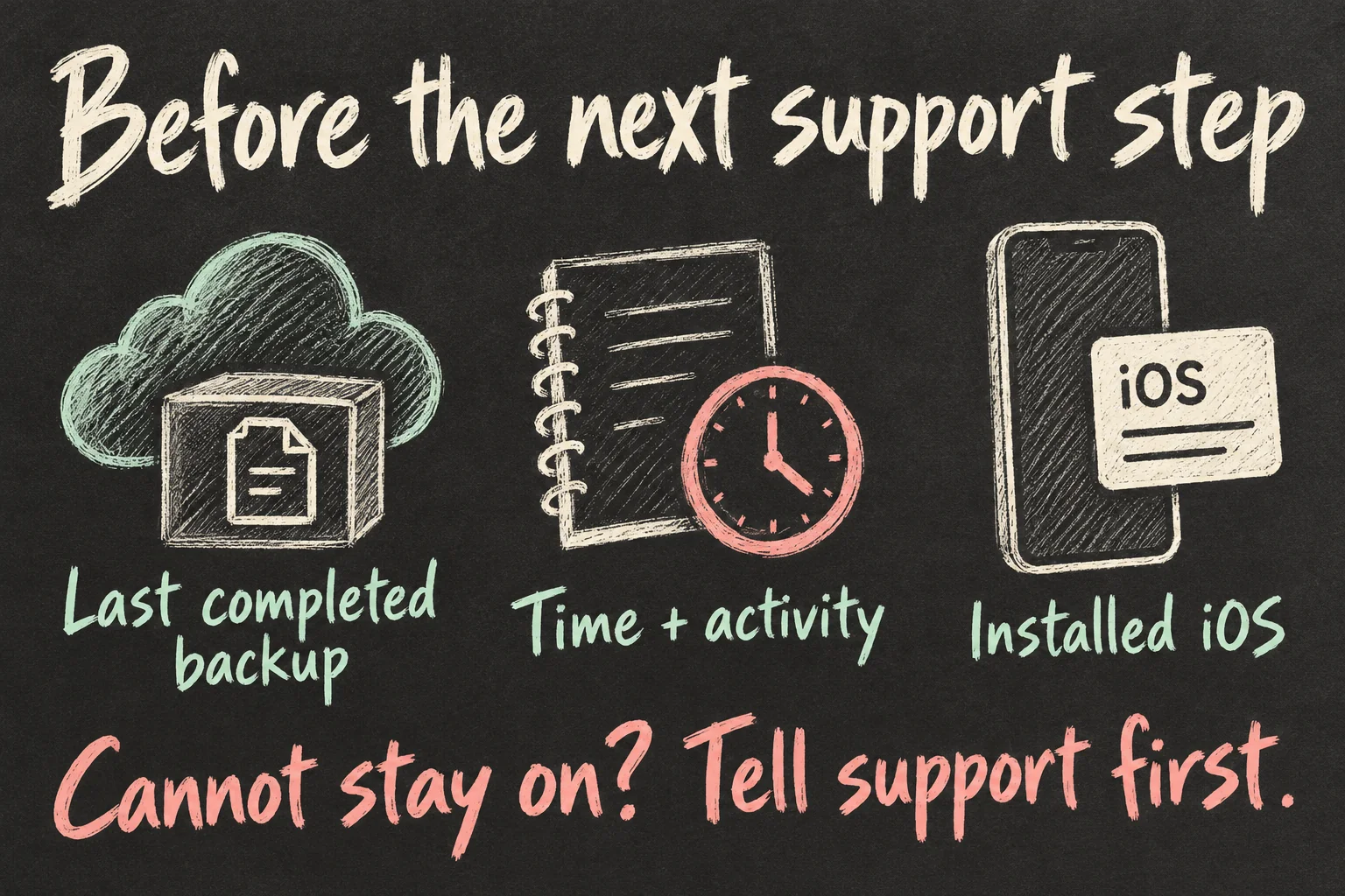 AI-generated support-preparation sketch showing the last completed backup, restart time and activity, and installed iOS version.