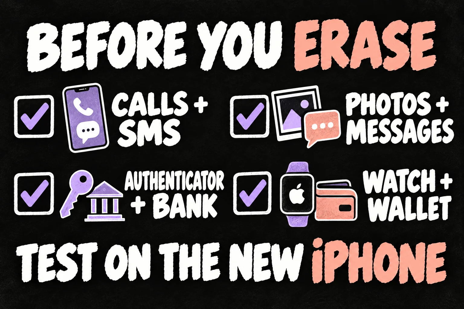 iPhone migration checklist to test calls and SMS, photos and messages, authenticator and banking access, and Watch and Wallet before erasing